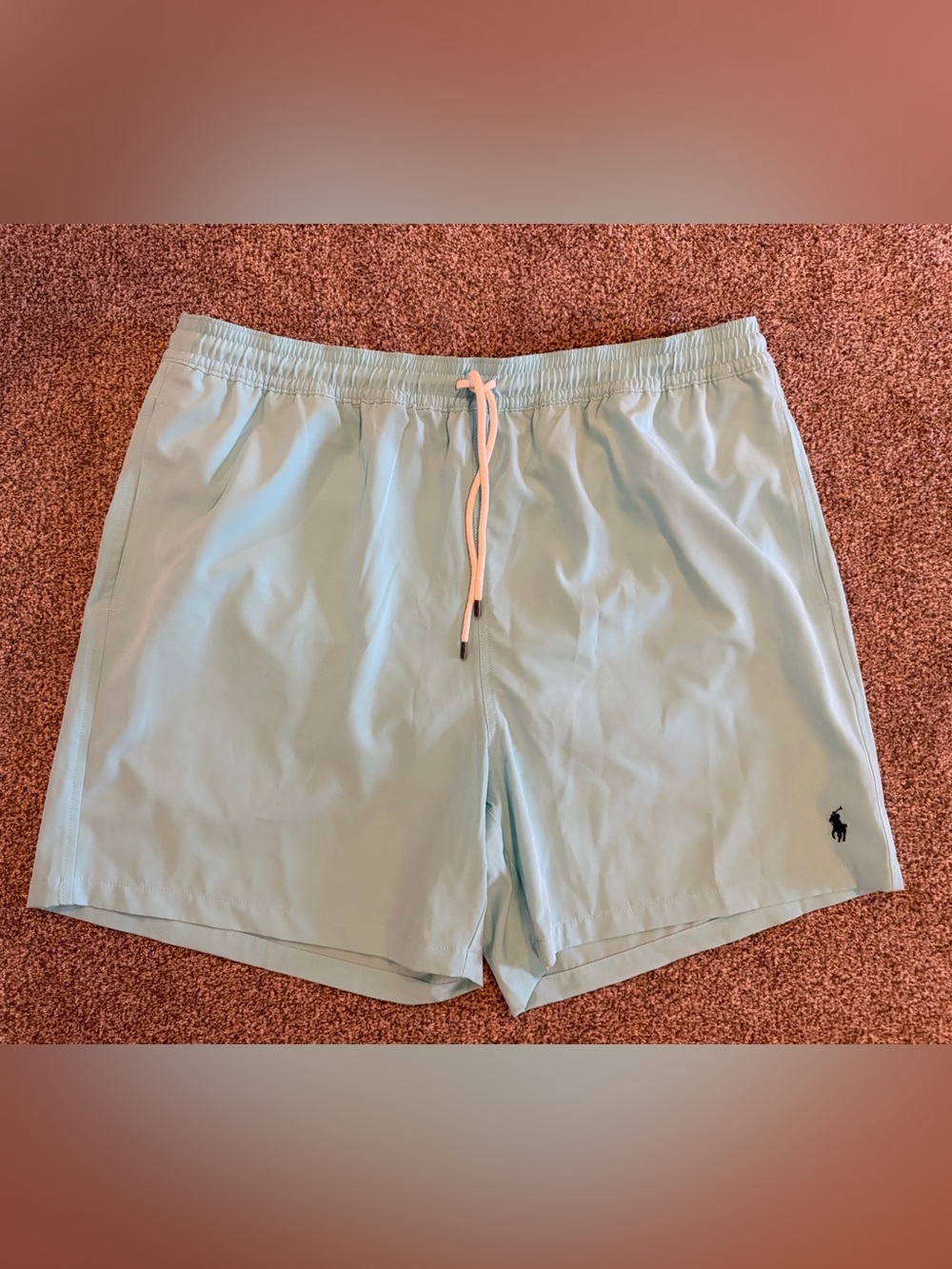 Ralph Lauren Men's Light Blue Swim Trunks with Contrast Drawstring